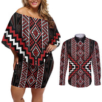 Red Tukutuku Pattern Aotearoa Couples Matching Off Shoulder Short Dress and Long Sleeve Button Shirt Niho Taniwha and Puhoro Motifs