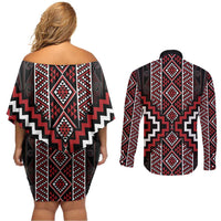 Red Tukutuku Pattern Aotearoa Couples Matching Off Shoulder Short Dress and Long Sleeve Button Shirt Niho Taniwha and Puhoro Motifs