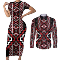 Red Tukutuku Pattern Aotearoa Couples Matching Short Sleeve Bodycon Dress and Long Sleeve Button Shirt Niho Taniwha and Puhoro Motifs
