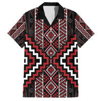 Red Tukutuku Pattern Aotearoa Family Matching Off The Shoulder Long Sleeve Dress and Hawaiian Shirt Niho Taniwha and Puhoro Motifs