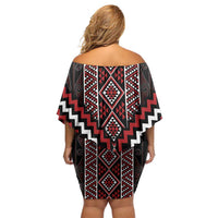 Red Tukutuku Pattern Aotearoa Family Matching Off Shoulder Short Dress and Hawaiian Shirt Niho Taniwha and Puhoro Motifs LT7 - Polynesian Pride