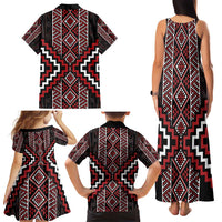 Red Tukutuku Pattern Aotearoa Family Matching Tank Maxi Dress and Hawaiian Shirt Niho Taniwha and Puhoro Motifs