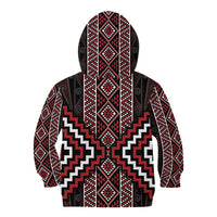 Red Tukutuku Pattern Aotearoa Kid Hoodie Niho Taniwha and Puhoro Motifs