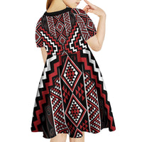 Red Tukutuku Pattern Aotearoa Kid Short Sleeve Dress Niho Taniwha and Puhoro Motifs LT7 - Polynesian Pride