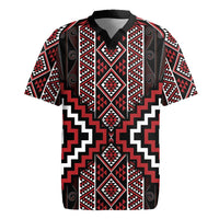 Red Tukutuku Pattern Aotearoa Rugby Jersey Niho Taniwha and Puhoro Motifs