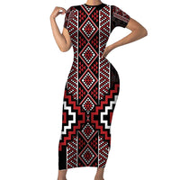Red Tukutuku Pattern Aotearoa Short Sleeve Bodycon Dress Niho Taniwha and Puhoro Motifs LT7 Long Dress Red - Polynesian Pride