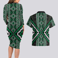 Jade Tukutuku Pattern Aotearoa Couples Matching Long Sleeve Bodycon Dress and Hawaiian Shirt Niho Taniwha and Puhoro Motifs