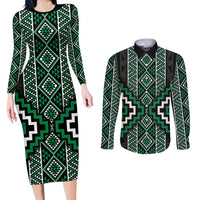 Jade Tukutuku Pattern Aotearoa Couples Matching Long Sleeve Bodycon Dress and Long Sleeve Button Shirt Niho Taniwha and Puhoro Motifs LT7 Green - Polynesian Pride