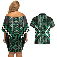 Jade Tukutuku Pattern Aotearoa Couples Matching Off Shoulder Short Dress and Hawaiian Shirt Niho Taniwha and Puhoro Motifs