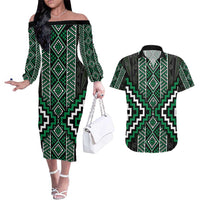 Jade Tukutuku Pattern Aotearoa Couples Matching Off The Shoulder Long Sleeve Dress and Hawaiian Shirt Niho Taniwha and Puhoro Motifs