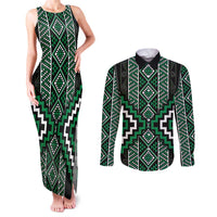 Jade Tukutuku Pattern Aotearoa Couples Matching Tank Maxi Dress and Long Sleeve Button Shirt Niho Taniwha and Puhoro Motifs