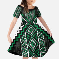 Jade Tukutuku Pattern Aotearoa Kid Short Sleeve Dress Niho Taniwha and Puhoro Motifs LT7 KID Green - Polynesian Pride