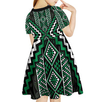 Jade Tukutuku Pattern Aotearoa Kid Short Sleeve Dress Niho Taniwha and Puhoro Motifs LT7 - Polynesian Pride