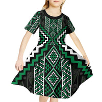 Jade Tukutuku Pattern Aotearoa Kid Short Sleeve Dress Niho Taniwha and Puhoro Motifs LT7 - Polynesian Pride