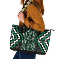 Jade Tukutuku Pattern Aotearoa Leather Tote Bag Niho Taniwha and Puhoro Motifs