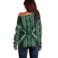 Jade Tukutuku Pattern Aotearoa Off Shoulder Sweater Niho Taniwha and Puhoro Motifs