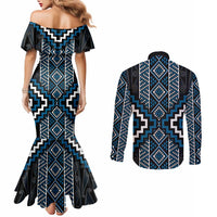 Azure Tukutuku Pattern Aotearoa Couples Matching Mermaid Dress and Long Sleeve Button Shirt Niho Taniwha and Puhoro Motifs