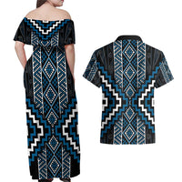 Azure Tukutuku Pattern Aotearoa Couples Matching Off Shoulder Maxi Dress and Hawaiian Shirt Niho Taniwha and Puhoro Motifs