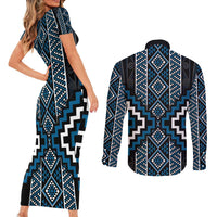 Azure Tukutuku Pattern Aotearoa Couples Matching Short Sleeve Bodycon Dress and Long Sleeve Button Shirt Niho Taniwha and Puhoro Motifs
