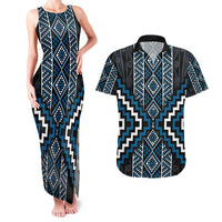 Azure Tukutuku Pattern Aotearoa Couples Matching Tank Maxi Dress and Hawaiian Shirt Niho Taniwha and Puhoro Motifs