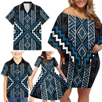 Azure Tukutuku Pattern Aotearoa Family Matching Off Shoulder Short Dress and Hawaiian Shirt Niho Taniwha and Puhoro Motifs LT7 - Polynesian Pride
