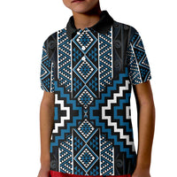 Azure Tukutuku Pattern Aotearoa Kid Polo Shirt Niho Taniwha and Puhoro Motifs