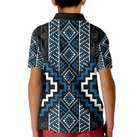 Azure Tukutuku Pattern Aotearoa Kid Polo Shirt Niho Taniwha and Puhoro Motifs