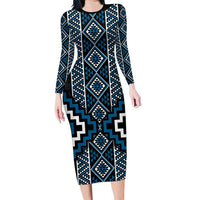 Azure Tukutuku Pattern Aotearoa Long Sleeve Bodycon Dress Niho Taniwha and Puhoro Motifs LT7 Long Dress Blue - Polynesian Pride
