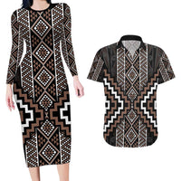 Classic Tukutuku Pattern Aotearoa Couples Matching Long Sleeve Bodycon Dress and Hawaiian Shirt Niho Taniwha and Puhoro Motifs