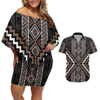 Classic Tukutuku Pattern Aotearoa Couples Matching Off Shoulder Short Dress and Hawaiian Shirt Niho Taniwha and Puhoro Motifs