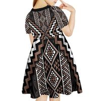 Classic Tukutuku Pattern Aotearoa Kid Short Sleeve Dress Niho Taniwha and Puhoro Motifs