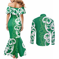 Pounamu Green Maori Couples Matching Mermaid Dress and Long Sleeve Button Shirt Koru Kowhaiwhai - Polynesian Pride