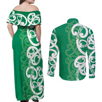 Pounamu Green Maori Couples Matching Off Shoulder Maxi Dress and Long Sleeve Button Shirt Koru Kowhaiwhai - Polynesian Pride