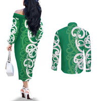 Pounamu Green Maori Couples Matching Off The Shoulder Long Sleeve Dress and Long Sleeve Button Shirt Koru Kowhaiwhai LT7 - Polynesian Pride