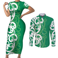 Pounamu Green Maori Couples Matching Short Sleeve Bodycon Dress and Long Sleeve Button Shirt Koru Kowhaiwhai LT7 Green - Polynesian Pride