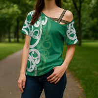 Pounamu Green Maori Cross Shoulder Shirt Koru Kowhaiwhai - Polynesian Pride