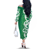 Pounamu Green Maori Family Matching Off The Shoulder Long Sleeve Dress and Hawaiian Shirt Koru Kowhaiwhai LT7 - Polynesian Pride