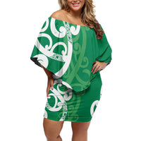 Pounamu Green Maori Family Matching Off Shoulder Short Dress and Hawaiian Shirt Koru Kowhaiwhai LT7 Mom's Dress Green - Polynesian Pride
