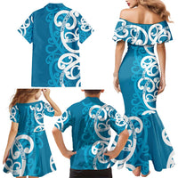 Azure Blue Maori Family Matching Mermaid Dress and Hawaiian Shirt Koru Kowhaiwhai LT7 - Polynesian Pride