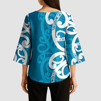 Azure Blue Maori Kimono Sleeve Blouse Koru Kowhaiwhai - Polynesian Pride