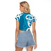 Azure Blue Maori Raglan Cropped T Shirt Koru Kowhaiwhai - Polynesian Pride