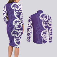 Violet Green Maori Couples Matching Long Sleeve Bodycon Dress and Long Sleeve Button Shirt Koru Kowhaiwhai - Polynesian Pride