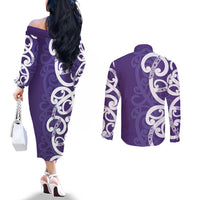 Violet Green Maori Couples Matching Off The Shoulder Long Sleeve Dress and Long Sleeve Button Shirt Koru Kowhaiwhai - Polynesian Pride