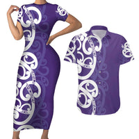 Violet Green Maori Couples Matching Short Sleeve Bodycon Dress and Hawaiian Shirt Koru Kowhaiwhai LT7 Violet - Polynesian Pride