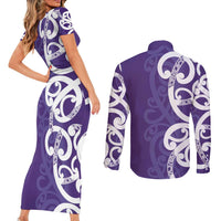 Violet Green Maori Couples Matching Short Sleeve Bodycon Dress and Long Sleeve Button Shirt Koru Kowhaiwhai - Polynesian Pride