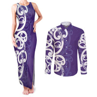 Violet Green Maori Couples Matching Tank Maxi Dress and Long Sleeve Button Shirt Koru Kowhaiwhai - Polynesian Pride