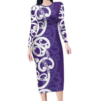 Violet Green Maori Family Matching Long Sleeve Bodycon Dress and Hawaiian Shirt Koru Kowhaiwhai LT7 Mom's Dress Violet - Polynesian Pride