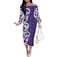 Violet Green Maori Family Matching Off The Shoulder Long Sleeve Dress and Hawaiian Shirt Koru Kowhaiwhai LT7 Mom's Dress Violet - Polynesian Pride