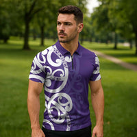 Violet Green Maori Zipper Polo Shirt Koru Kowhaiwhai - Polynesian Pride