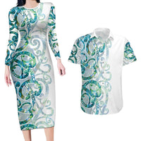 Paua Shell Maori Couples Matching Long Sleeve Bodycon Dress and Hawaiian Shirt Koru Kowhaiwhai - Polynesian Pride